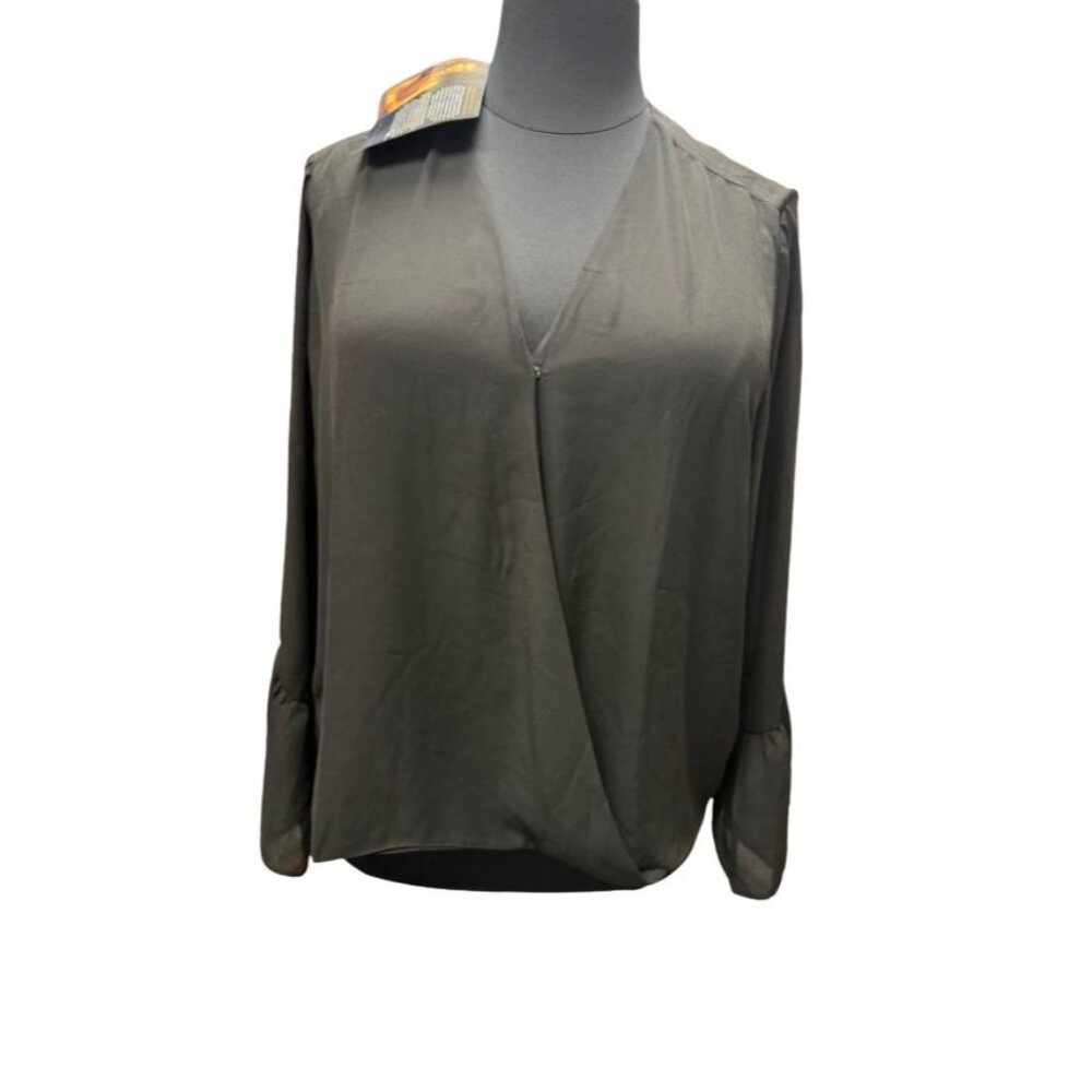 Black Long Sleeve Draped Crossover Blouse With Ruffle Accent Iman Designer Women